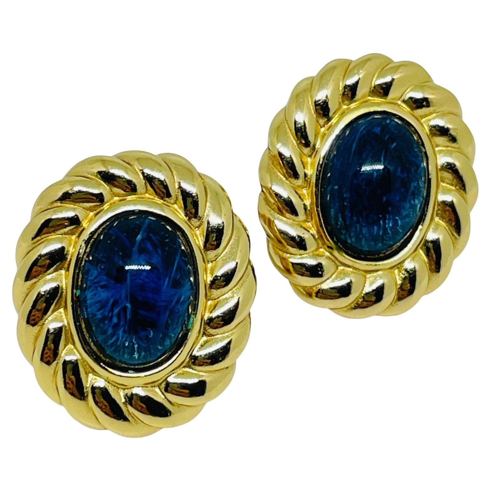 Christian Dior Signed Vintage Gold Plated Sapphire Glass Designer Clip Earrings